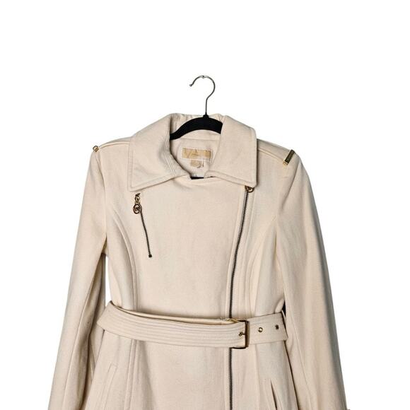Michael Michael Kors Cream Asymmetrical Belted Wool Peacoat Womens Size 4 - Picture 2 of 11